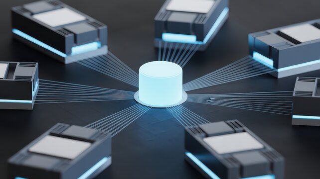 Futuristic network with glowing cylinder and connected devices on a dark surface with light trails