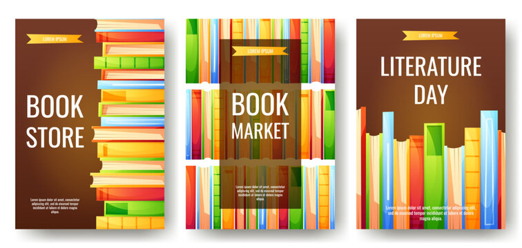 A poster with colorful books in different positions, on a dark background with text. A poster template for a book market. Book lover, bookstore, library, reading concept, book festival. World Book Day