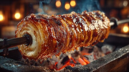 Deliciously Caramelized Chimney Cake Being Rolled on a Rotating Spit Over Glowing Coals Evoking Joyful Celebrations