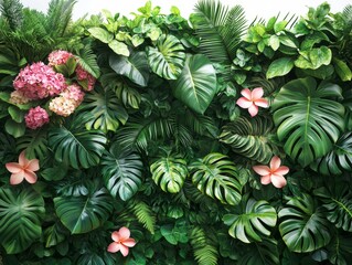 Lush Tropical Green Leaf Wall with Pink Flowers and Hydrangeas Botanical Background