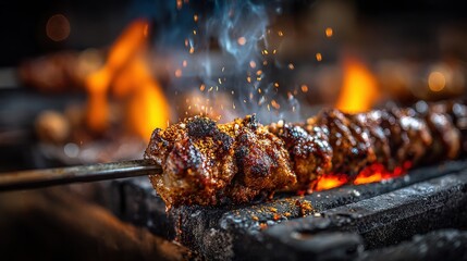 Authentic Suya Skewer Being Generously Dusted with Rich Spices, Evoking the Essence of Traditional West African Cuisine