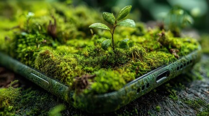 Smartphone Partially Overgrown with Vibrant Green Moss Illustrating Natures Resurgence in Technology for Eco-Conscious Consumers Embracing Digital Wellness