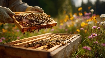 Rustic Wooden Top-Bar Hive Nestled on Organic Farm Surrounded by Vibrant Wildflowers Promoting Biodiversity and Sustainable Beekeeping