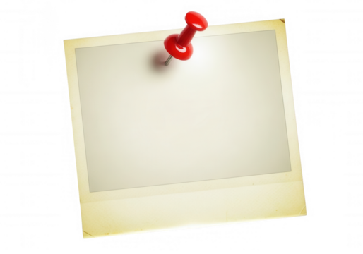 Red pin holding blank photograph isolated on a transparent background