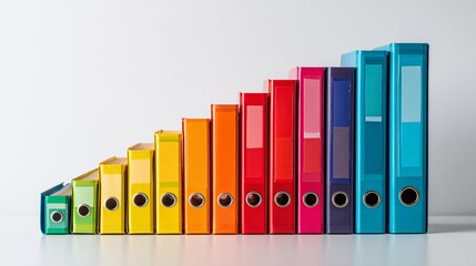Obraz premium Colorful office binders arranged in ascending order bar chart concept for organization and productivity.