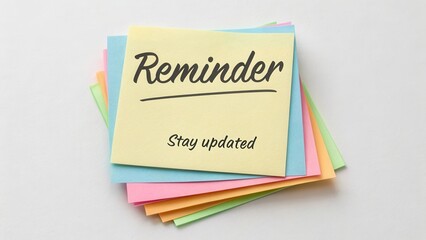 Colorful sticky notes with reminder text highlighting the concept of staying organized and updated in a busy environment