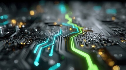 Dynamic Futuristic Circuit Board Texture with Neon Glowing Geometric Patterns Enhancing Innovative Digital Experiences and Virtual Collaboration