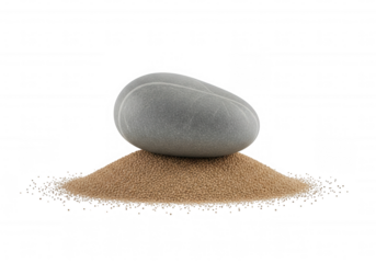 Smooth grey stone balanced on sand isolated on a transparent background