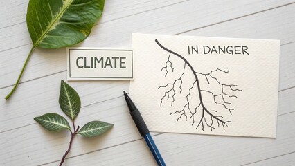 Climate Change Awareness Through Visual Art Featuring Illustrations of Nature and Environmental Concerns on a Workspace