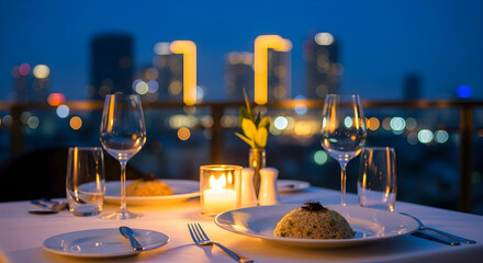 Elegant rooftop dining experience under the city lights, perfect for a romantic evening setting
