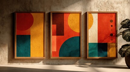 Eclectic Set of Retro Posters Showcasing Warm Tones and Bold Graphic Shapes for Innovative Home Decor Solutions