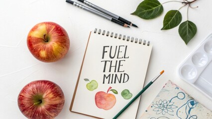 Creative workspace with art supplies, fresh apples, sketchbook, and inspiring handwritten quote about fueling the mind