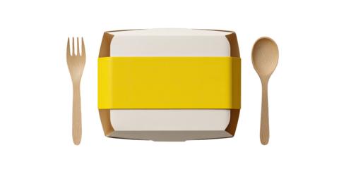 Cardboard food container with wooden utensils and yellow band