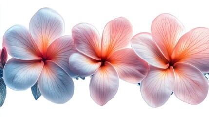 Fototapeta premium Three Delicate Pink and Peach Plumeria Flowers Close Up Isolated on White Background