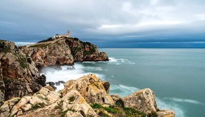 Lighthouse on a rugged cliff under a stormy sky