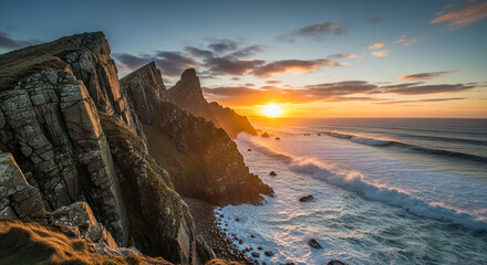 Dramatic sunset over the ocean with rocky cliffs and crashing waves, creating a stunning coastal landscape with vibrant colors and dynamic energy
