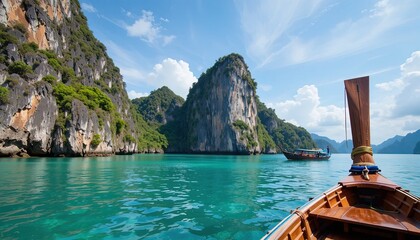 Captivating seascape showcases a traditional longtail boat navigating emerald waters toward towering limestone cliffs under a vibrant blue sky dotted with fluffy white clouds during a bright sunny...
