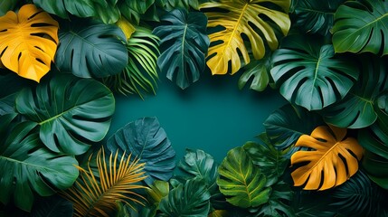 Fototapeta premium Lush Tropical Monstera Leaves and Palm Frame Vibrant Green and Yellow Foliage Background