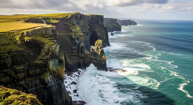 Breathtaking view of the cliffs of moher in ireland, with dramatic cliffs, crashing waves, and lush green landscape under a cloudy sky - Powered by Adobe