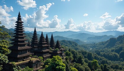 Ancient structures with tiered roofs sit amidst lush green foliage and rolling hills, bathed in sunlight under a partly cloudy blue sky.