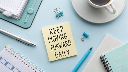 Inspirational Desk Setup with Coffee Cup, Notepad, and Motivational Sticky Note for Daily Productivity Enhancement
