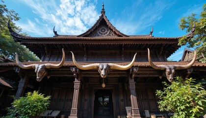 Exquisite architectural structure showcases ornate wooden craftsmanship with intricate details, complemented by the graceful presence of animal-inspired decorative elements and horns against a...