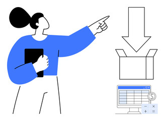 Woman holding tablet, pointing to box and arrow representing download. Financial spreadsheet with dollar symbol on screen. Ideal for logistics, finance, download process, data transfer, business