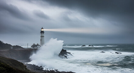 A dramatic seascape featuring a lighthouse standing tall against a stormy sky, with crashing waves and a sense of isolation and resilience