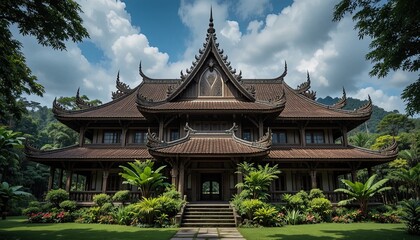 Obraz premium Exquisite architectural structure embodies the spirit of a serene setting, set amidst lush greenery and under a captivating azure sky with fluffy clouds, radiating tranquility and a peaceful...