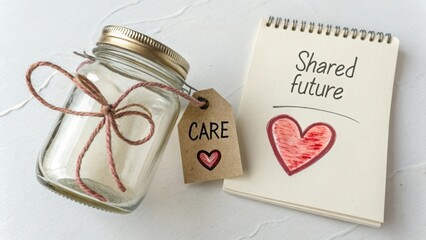 Jar with care tag and notepad depicting shared future concept with heart symbol on textured background