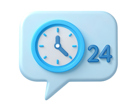 Light blue speech bubble with clock and number 24 illustration time