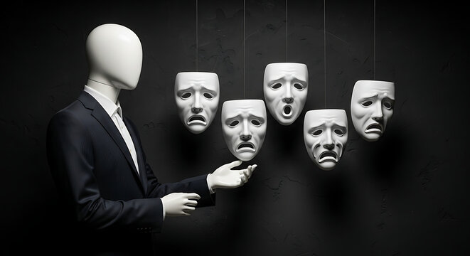 A faceless mannequin in a business suit choosing from a collection of masks, each depicting a different human emotion on a dark background