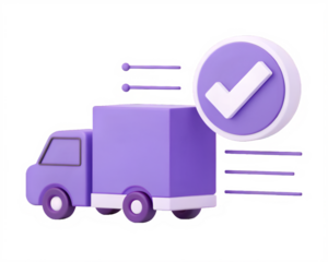 Purple delivery truck with checkmark icon and digital glitch effect cargo transport