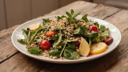 Fresh and Healthy Salad with Grains and Vegetables on a Plate.