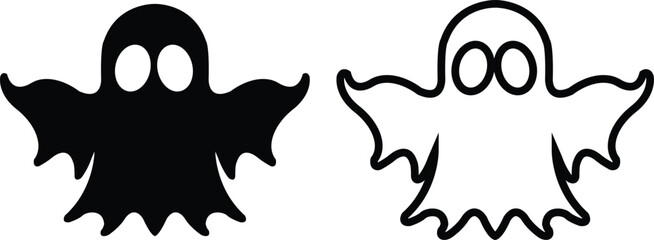 Ghost icon set in black flat and outline styles. Phantom or apparition haunting halloween ghost vectors, spooky ghost symbols, scary monster silhouette, horror cartoon phantom designs illustration.