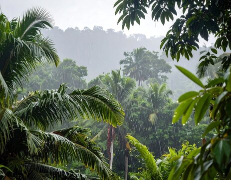 Lush green rainforest during a heavy downpour