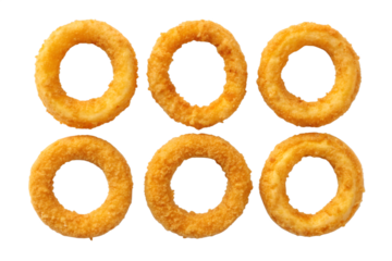 Six golden brown breaded onion rings arranged in two rows against a black background fried food circular