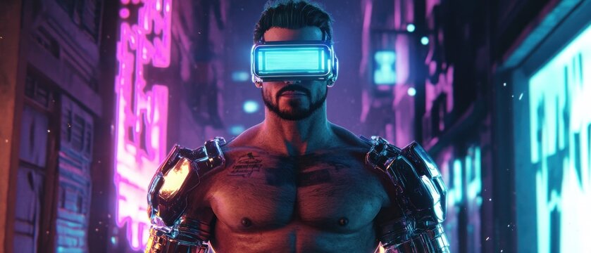 Man in vr headset futuristic neon cityscape
