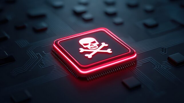 A digital illustration of a microchip with a skull and crossbones symbol, representing cybersecurity threats.