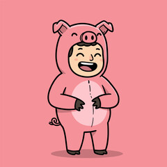 Cartoon person in pink pig costume with curly tail and black hooves, smiling with eyes closed on solid pink background.