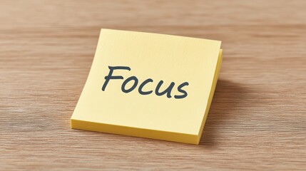 Sticky note with "Focus" written on it placed on a wooden surface.