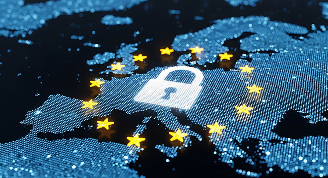 European Data Privacy Secure Lock on EU Map with Stars