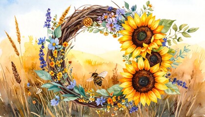 Floral wreath on golden field