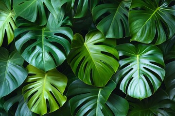 Fototapeta premium Lush Tropical Monstera Leaves Background Vibrant Green Foliage Texture