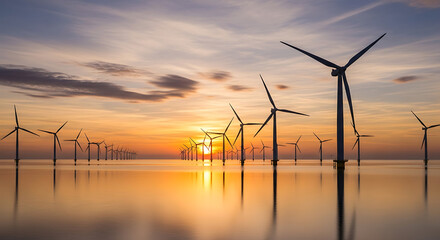 Wind Turbines at Sunset: A mesmerizing panorama of wind turbines gracefully standing over a vast expanse of water under the captivating colors of a sunset sky.