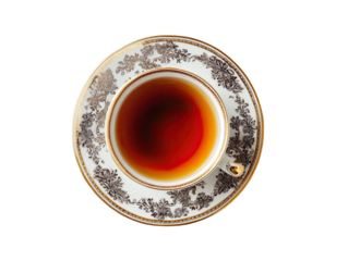 Top-down view of ornate teacup and saucer