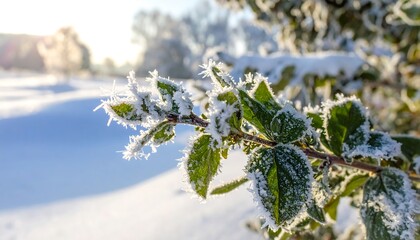 Frosty Green Leaves in Winter Sunlight - A Close-Up View.
