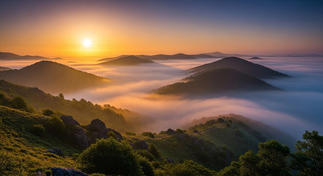 Breathtaking sunrise over misty mountain range, with golden light illuminating the fogfilled valleys and lush green hills, creating a serene atmosphere