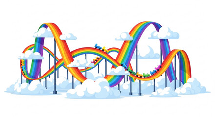 Illustration of a rainbow roller coaster with colorful cars and fluffy white clouds on a white background