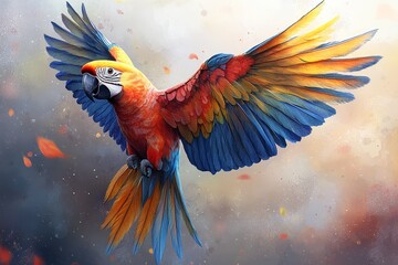 Vibrant Scarlet Macaw in Flight Wings Spread Wide Colorful Feathers Tropical Bird